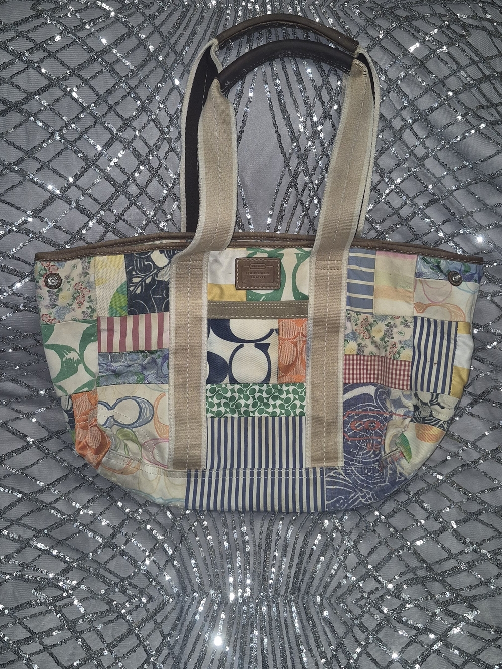 Coach Multicolor Patchwork Tote in Cream, Blue, Green, Orange